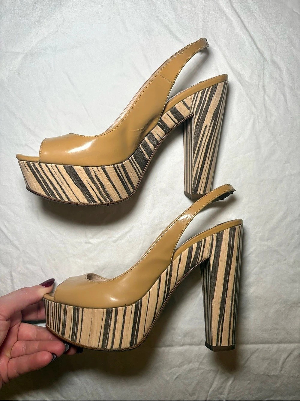 Prada Milano Patent Leather Peep Toe Wood Platform Slingback Heels 35.5